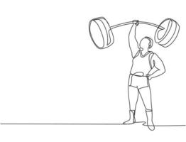 Single continuous line drawing the strongman lifted the curved barbell with only one hand. His muscles were clearly visible to the audience. Dynamic one line draw graphic design vector illustration.