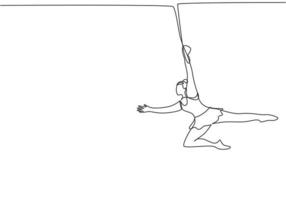 Single one line drawing a female acrobat appears on the trapeze with one hand hanging. It takes courage and continuous practice. Modern continuous line draw design graphic vector illustration.