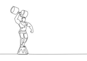 Single continuous line drawing strong people lift large dumbbells with only one hand while standing on the circus chair. Great show for the audience. One line draw graphic design vector illustration.