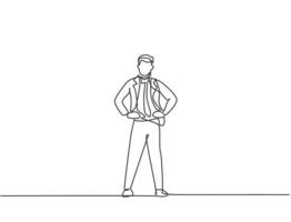 Single continuous line drawing young business man standing on the street thinking of his business. Minimalism metaphor business vision concept. Dynamic one line draw graphic design vector illustration