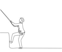 Single continuous line drawing young business man pulling rope so hard to climb a stair. Minimalism metaphor business deadline concept. Dynamic one line draw graphic design vector illustration