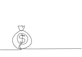 dibujo de una sola línea de bolsa de dinero en el piso con monedas de un centavo y papel moneda adentro. concepto de metáfora de riqueza empresarial. Ilustración de vector gráfico de diseño de dibujo de línea continua moderna