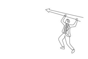 Single continuous line drawing of young business man hanging on up arrow sign to achieve goal target. Business metaphor concept. Minimalism dynamic one line draw. Graphic design vector illustration