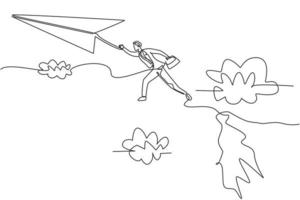 Single continuous line drawing young business man jumping from top mount to reach flying paper airplane. Business metaphor concept. Minimalism dynamic one line draw. Graphic design vector illustration