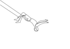 Single continuous line drawing a male acrobat performs on the trapeze with his legs hanging and head down while swinging his hand. Brave and agile. One line draw graphic design vector illustration.