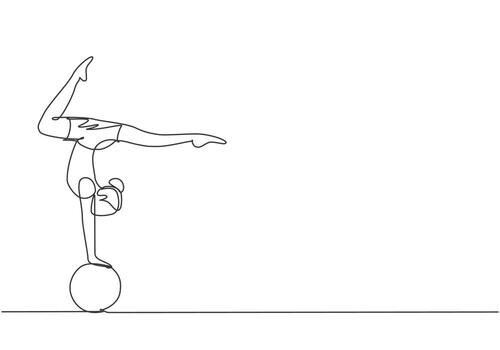 Single one line drawing a female acrobat performs a hand stand on a circus ball while performing a beautiful leg dance. Need dexterity to do it. Continuous line draw design graphic vector illustration