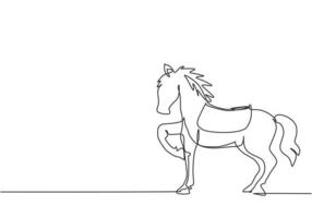 Continuous one line drawing a circus horse stands on the show arena, lifting one of its legs while preparing to perform an attraction. Trained horse. One line draw design vector graphic illustration.