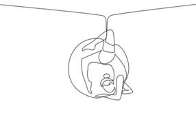 Continuous one line drawing a female acrobat performing on an aerial hoop by forming a circle around her body. It takes courage and takes risks. Single line draw design vector graphic illustration.