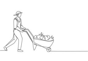 Single one line drawing of male farmer pushes the wheelbarrow trolley filled with fruits. A successful harvest activity minimalist concept. Continuous line draw design graphic vector illustration.