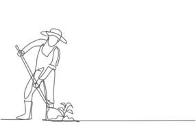 Single one line drawing of young male farmer shoveled the soil with the plants using a shovel. Farming challenge minimalist concept. Modern continuous line draw design graphic vector illustration.