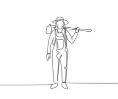 Continuous one line drawing young female farmer carried hoes on his shoulders and ready to go to farm. Farming challenge minimalist concept. Single line draw design vector graphic illustration.