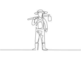 Single one line drawing of young male farmer carried hoes on his shoulders and ready to go to farm. Farming challenge minimalist concept. Modern continuous line draw design graphic vector illustration