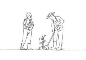 dibujo de línea continua única joven pareja agricultor palear el suelo con las plantas usando una pala. plantar nuevas plantas. concepto de minimalismo agrícola. Ilustración de vector de diseño gráfico de dibujo de una línea.