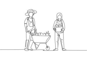 Single continuous line drawing happy couple farmer with wheelbarow trolley and basket full of fruits. A successful harvest activity minimalism concept. One line draw graphic design vector illustration