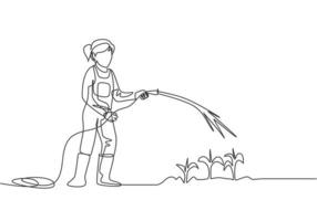 Continuous one line drawing young female farmer standing on farm field while watering the plants using a hose. Farmer planting activities concept. Single line draw design vector graphic illustration.