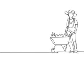 dibujo de una sola línea del joven agricultor de pie junto al carro de la carretilla lleno de frutas. concepto minimalista de desafío agrícola. Ilustración de vector gráfico de diseño de dibujo de línea continua