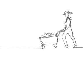 Continuous one line drawing young female farmer pushes the wheelbarrow trolley filled with fruits. A successful harvest activity minimalist concept. Single line draw design vector graphic illustration