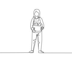 Single continuous line drawing young female farmer standing on farm field and bring basket with full of fruits. Farming minimalism concept. Dynamic one line draw graphic design vector illustration.