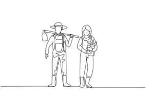 Single continuous line drawing young couple farmer shouldered hoes on his shoulders and carried buckets ready go to farm. Farming minimalism concept. One line draw graphic design vector illustration