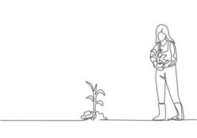 Single continuous line drawing young female farmer bring crops to be planted in farm fields. Successful farming activities minimalism concept. Dynamic one line draw graphic design vector illustration.