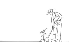 dibujo de línea continua única joven agricultora removió el suelo con las plantas usando una pala. concepto minimalista de desafío agrícola. Ilustración de vector de diseño gráfico de dibujo dinámico de una línea.