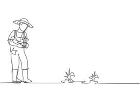 Un solo dibujo de una línea de un joven agricultor trae cultivos para plantar en campos agrícolas. concepto minimalista de actividades de desafío agrícola. Ilustración de vector gráfico de diseño de dibujo de línea continua moderna.