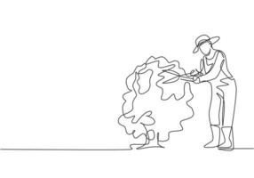 Single one line drawing of young male farmer cut the leaves on the tree using plant scissors. Farming challenge minimalist concept. Modern continuous line draw design graphic vector illustration.