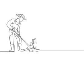 Continuous one line drawing young male farmer shoveled the soil with the plants using a shovel. Successful farming challenge minimalist concept. Single line draw design vector graphic illustration.