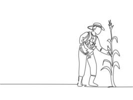 dibujo de una sola línea de un joven agricultor recogiendo el maíz en el árbol. agricultor profesional. concepto minimalista de desafío agrícola. Ilustración de vector gráfico de diseño de dibujo de línea continua moderna.