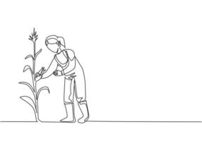 Continuous one line drawing young female farmer picking the corn on the tree. Professional farmer. Farming challenge minimalist concept. Single line draw design vector illustration.