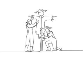 Single one line drawing of young couple farmer is installing a scarecrow to ward off pest birds. Farming challenge minimal concept. Modern continuous line draw design graphic vector illustration.