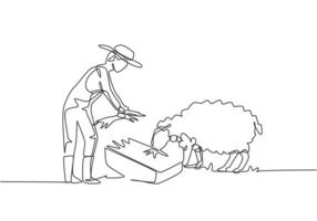 Single continuous line drawing young male farmer is feeding the sheep so that the sheep will be healthy and produce the best meat. Minimalism concept. One line draw graphic design vector illustration.