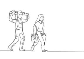 Continuous one line drawing couple farmer carrying boxes and baskets of fruit in they right and left hands and shouldered it. Minimalist concept. Single line draw design vector graphic illustration.