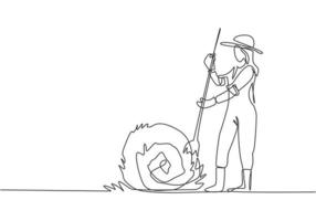 Single continuous line drawing young female farmer was stabbing a haystack and rolling it up with a straw stick. Farming minimalism concept. Dynamic one line draw graphic design vector illustration.