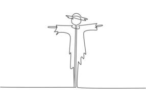 Single continuous line drawing of scarecrow installed by farmers to ward off pest birds which has damaged rice crops in the fields. Minimalism concept. One line draw graphic design vector illustration