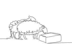 Single one line drawing of the sheep are being fed to be healthy and produce the best milk and meat. Farming challenge minimal concept. Modern continuous line draw design graphic vector illustration.