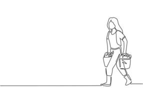 Continuous one line drawing young female farmer carrying boxes and baskets of fruit in her right and left hands. Success farming minimalist concept. Single line draw design vector graphic illustration