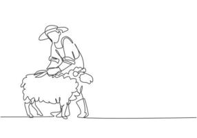 dibujo continuo de una línea, un joven agricultor cortaba con cuidado el vellón con unas tijeras. concepto minimalista de desafío agrícola exitoso. Ilustración gráfica de vector de diseño de dibujo de una sola línea.