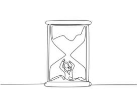 Single continuous line drawing young Arab business woman buried inside sandglass and asking for help. Minimalism metaphor business deadline concept. One line draw graphic design vector illustration.