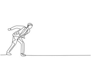 Single one line drawing of young smart male employee bend down his body to pose shouldered. Professional hard worker minimal concept. Modern continuous line draw design graphic vector illustration