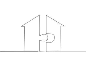 Single one line drawing of puzzle piece form house building shape symbol. Business property real estate minimal concept. Modern continuous line draw design graphic vector illustration