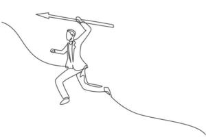 Single continuous line drawing of young business man jumping while holding spear to stab. Fighting professional businessman. Minimalism concept dynamic one line draw graphic design vector illustration