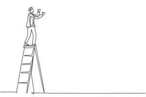 Single one line drawing of young smart male repairman standing steady on tall ladder. Handyman fix house wall minimal concept. Modern continuous line draw design graphic vector illustration