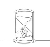 Single continuous line drawing young business man buried inside sandglass and asking for help . Minimalism metaphor business deadline concept. Dynamic one line draw graphic design vector illustration