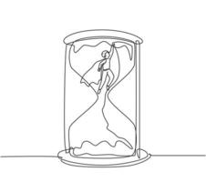 Single continuous line drawing young business man with wing flying to get out from hourglass. Minimalism metaphor business deadline concept. Dynamic one line draw graphic design vector illustration