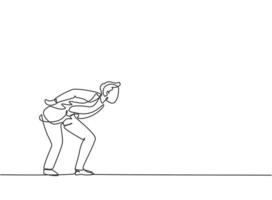 Single one line drawing of young business man bent over because work overload. Business time discipline metaphor concept. Modern continuous line draw design graphic vector illustration