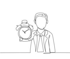 Continuous one line drawing young male worker holding analog alarm clock with his hand. Time management business minimalist concept. Single line draw design vector graphic illustration