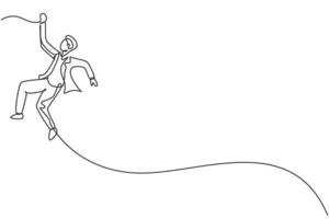 Continuous one line drawing young male worker swinging on the rope to reach up his goals. Business challenge of entrepreneur minimalist concept. Single line draw design vector graphic illustration