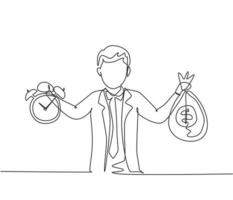 Single continuous line drawing young business man holding money bag and alarm clock with his hands. Minimalism metaphor business deadline concept. One line draw graphic design vector illustration