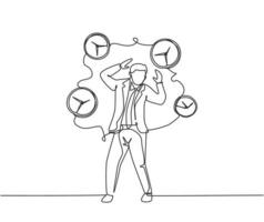 Single continuous line drawing young stressful business man surrounded by flying analog clocks. Minimalism metaphor business deadline concept. Dynamic one line draw graphic design vector illustration